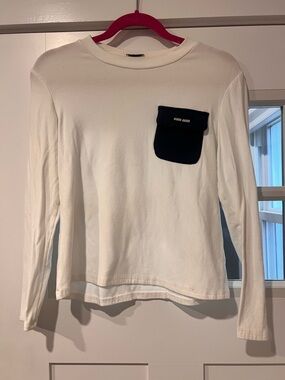 Miu miu White Long Sleeve Tee with navy blue Front Pocket